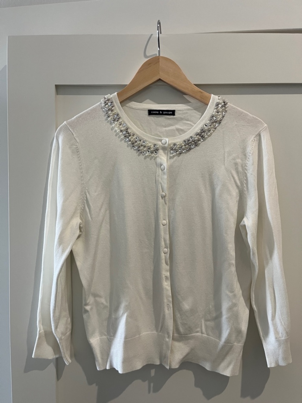 Cable & Gauge Embellished White Cardigan Sweater